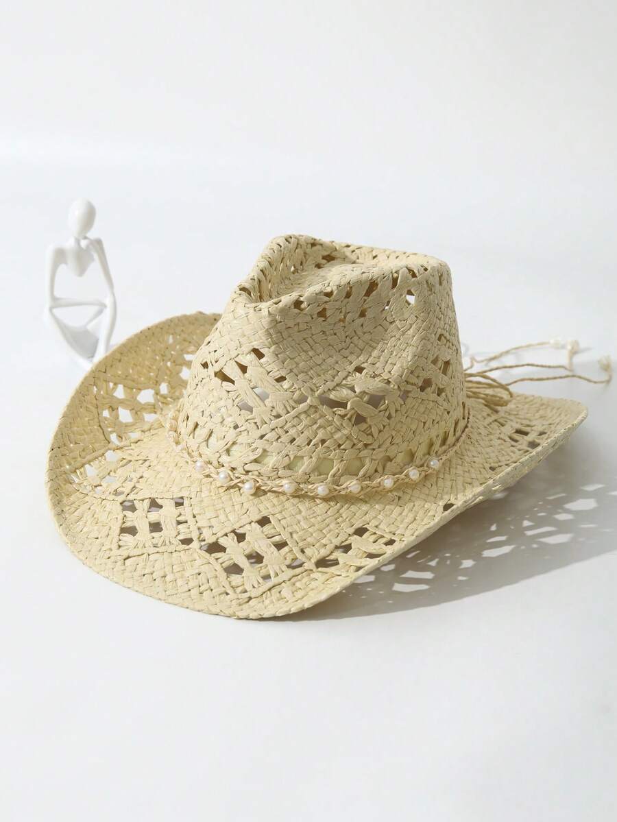 Unisex Pearl Decorated Hollow  – Cowboy Hat Straw Bewertung und Preis