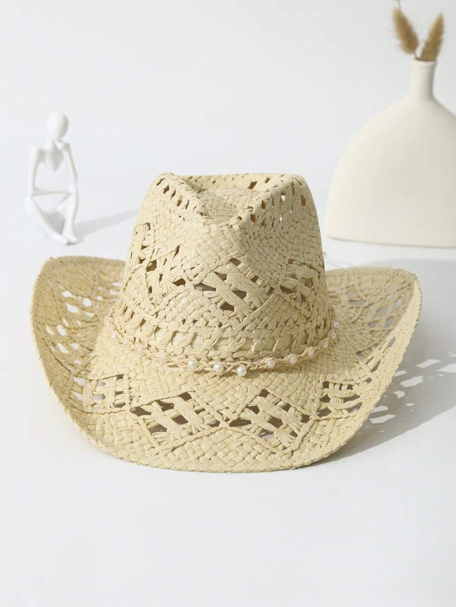 Unisex Pearl Decorated Hollow  – Cowboy Hat Straw Bewertung und Preis