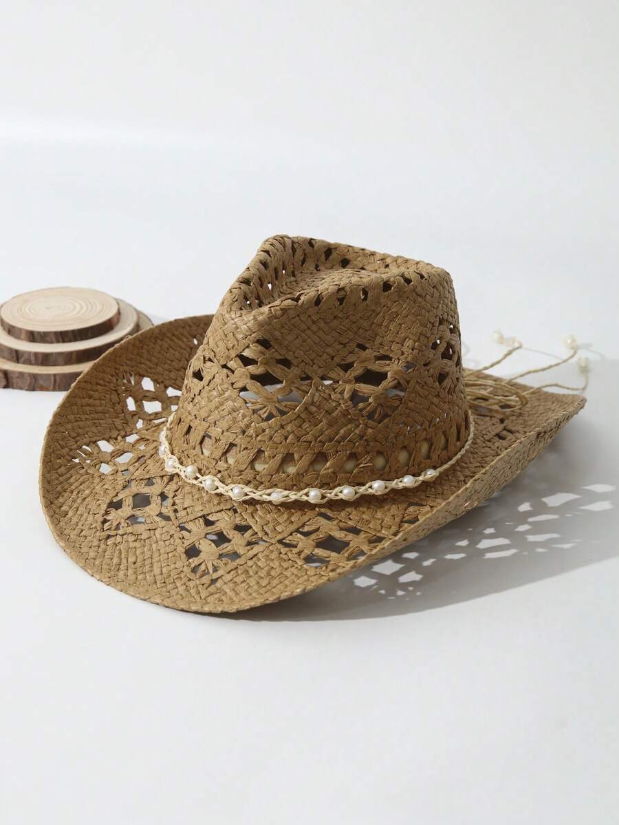 Unisex Pearl Decorated Hollow  – Cowboy Hat Straw Bewertung und Preis