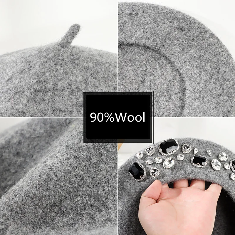 French Beret Thick Rhinestone  – Beret French Wool Bewertung und Preis